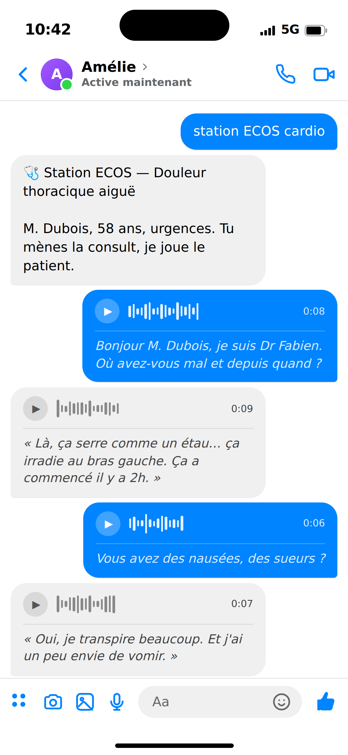 Aperçu Amélie dans Messenger — préparation ECOS douleur thoracique en vue de l'internat