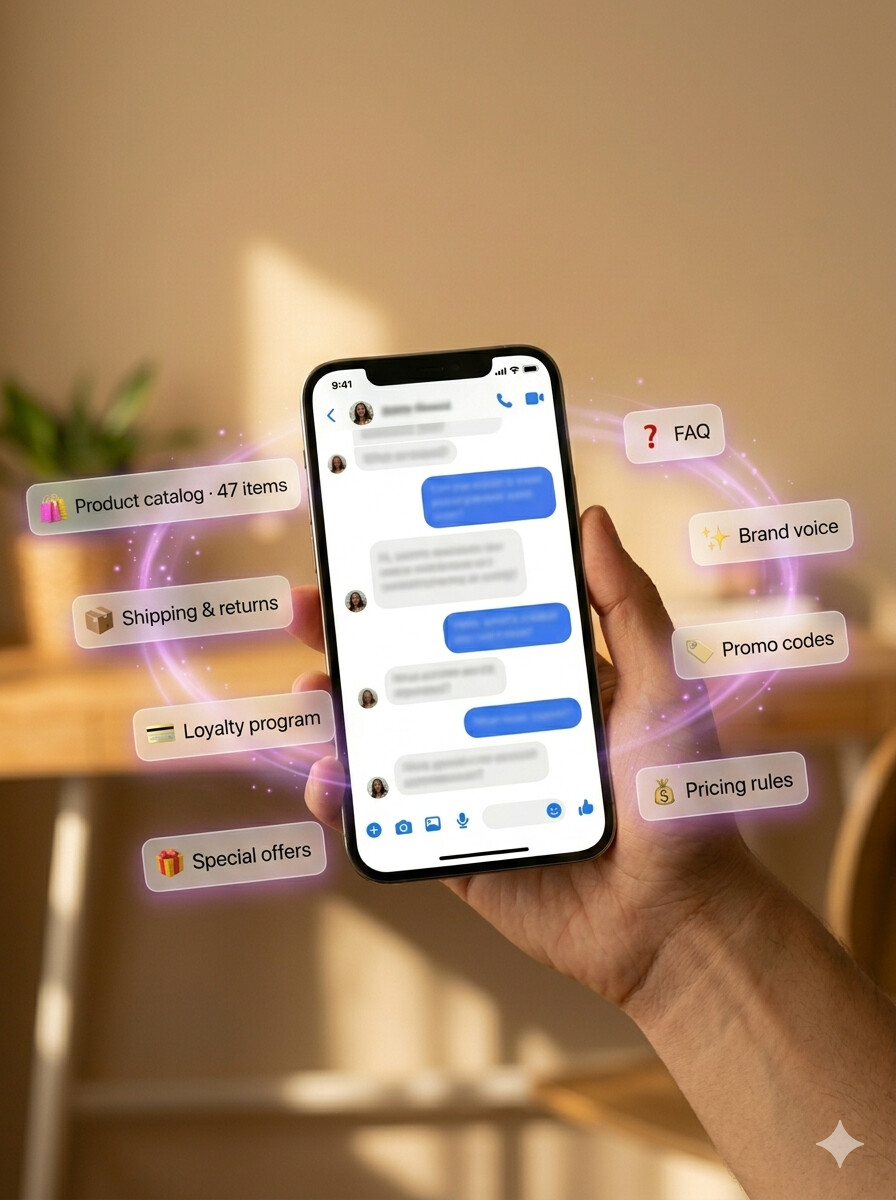 Your bot ingests your full business — catalog, FAQ, shipping, brand voice
