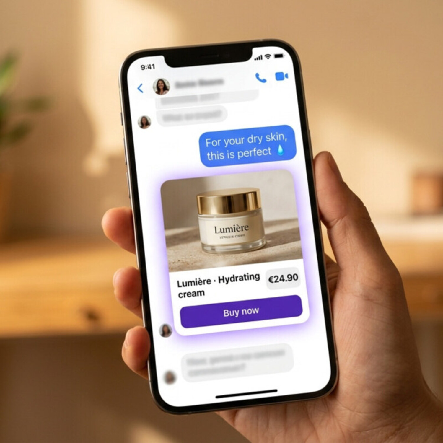 AI bot replying with a product card and Buy now button in Messenger